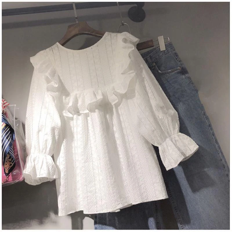 New Arrival Spring Summer Womens Tops And Blouses Hollow Out Embroidery Loose Shirt Ruffles White Sweet Lace Blouse D315