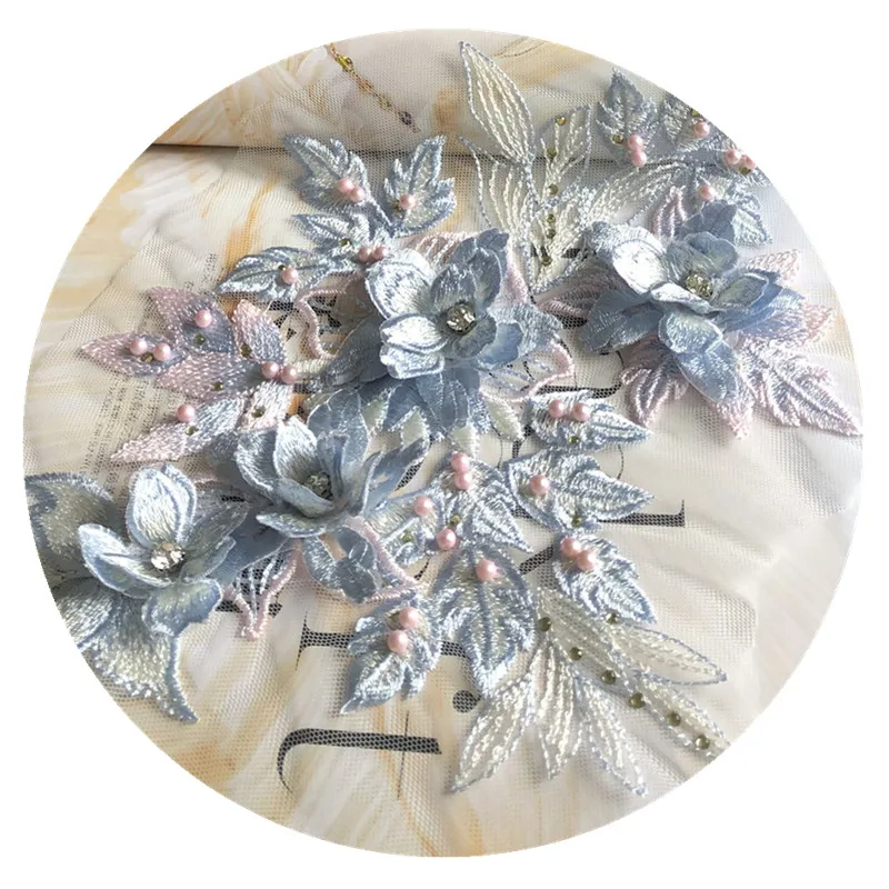 1Pcs More Color 3d Flower Embroidery Lace Patch Mesh Fabrics Beaded Crystal Applique Sewing Dress Clothes Accessory Diy Patches