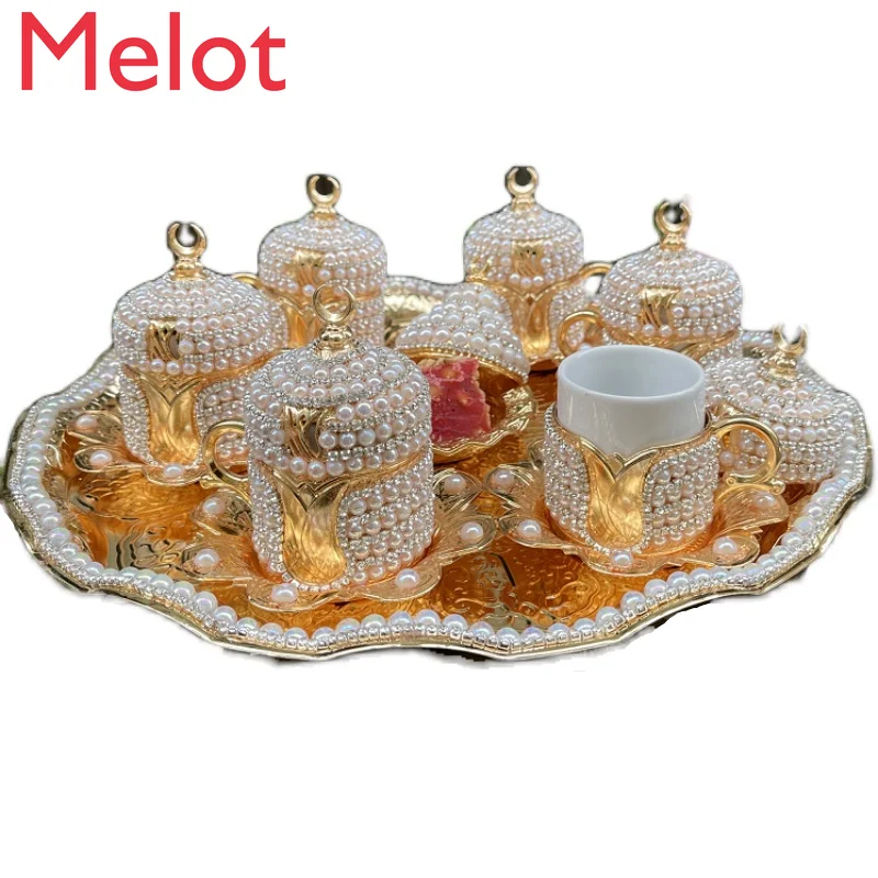 High-End Luxury Pearl Coffee Cup Ceramic Cup Fashion Simple Retro Metal Mug with Tray 14-Piece Set Ceramic Coffee Cup Set