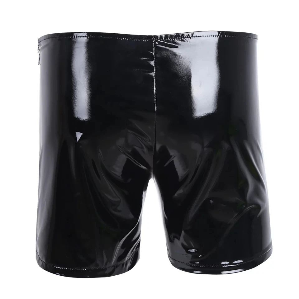 Mens Erotic Leather Hot Pants Short For Sex Porn Latex Underpants Zipper Beside Male Patent Leather Boxer Sexy Bottom Underwear