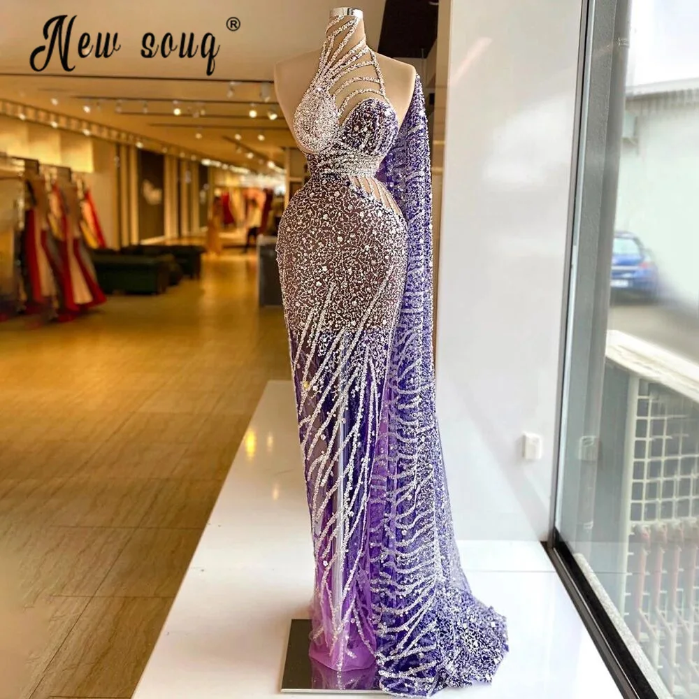 

De Soiree Purple Illusion Mermaid Evening Dress 2021 Luxury Beads and pearls With Long Sleeve Prom Gown Vestidos De Fiesta Dubai