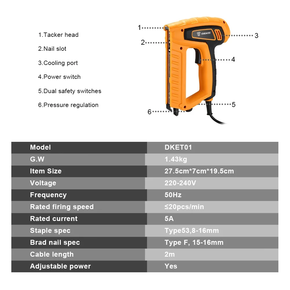 DEKO-grapadora eléctrica portátil DKET01, herramienta de carpintería, 220V, 20 unids/lote por minuto