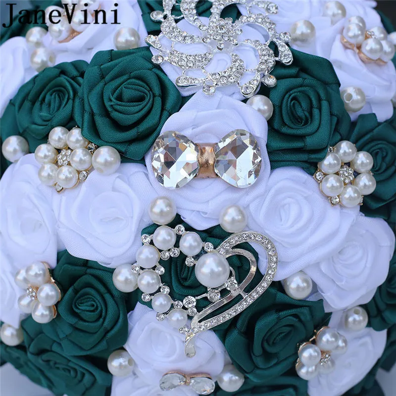 JaneVini Vintage Perla Verde Scuro Fiori di Nozze Bouquet Da Sposa 2020 Bianco Rosa del Raso Del Nastro di Cristallo Bouquet Da Sposa per Le Spose