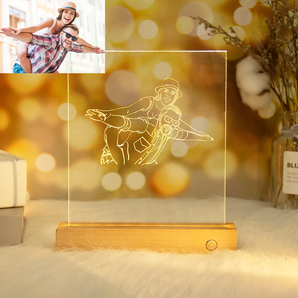 Lámpara acrílica personalizada, luz nocturna con texto de foto personalizado, lámpara con Base de madera recargable por USB, regalo de fiesta para el día de la madre y la boda