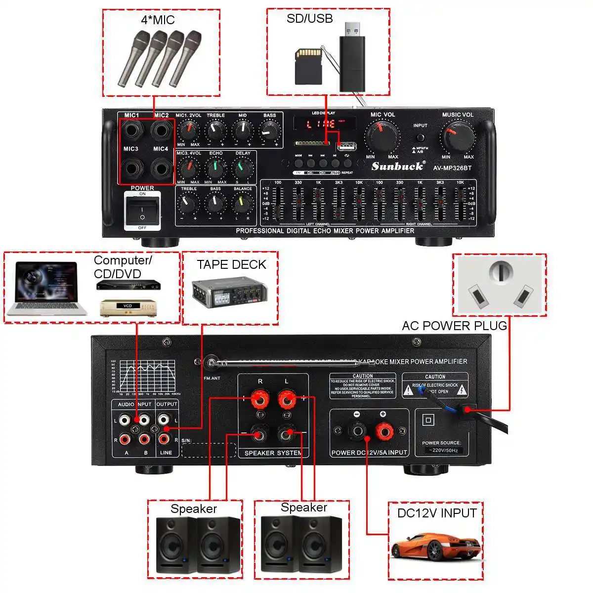 SUNBUCK-AMPLIFICADOR DE POTENCIA ESTÉREO PARA Karaoke en casa, dispositivo inalámbrico de Audio Hifi, con bluetooth, 2000W, 4ohm, 2 canales, USB,