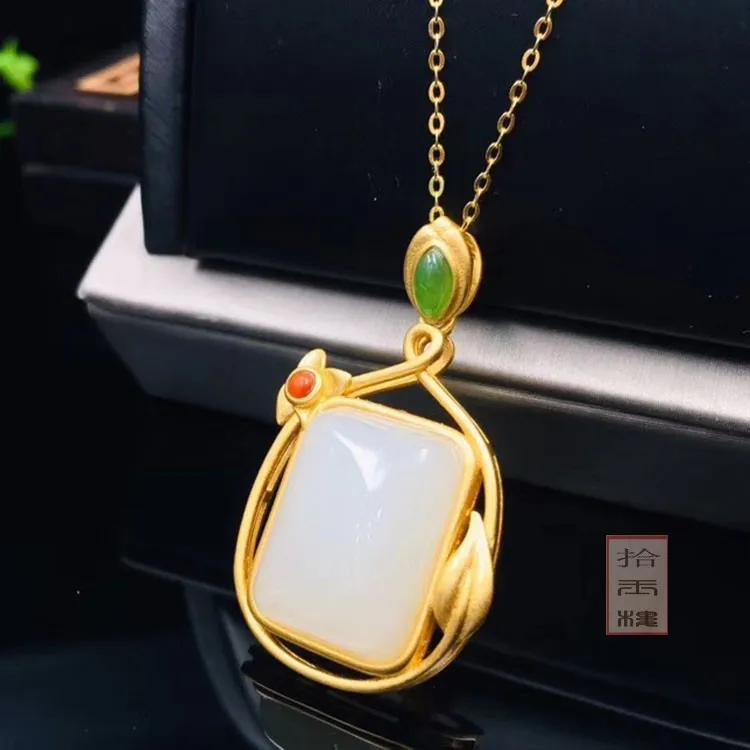 

Natural 5A white jade pendant flower jade necklace with gufakin gold 925 sterling silver necklace women jade jewelry