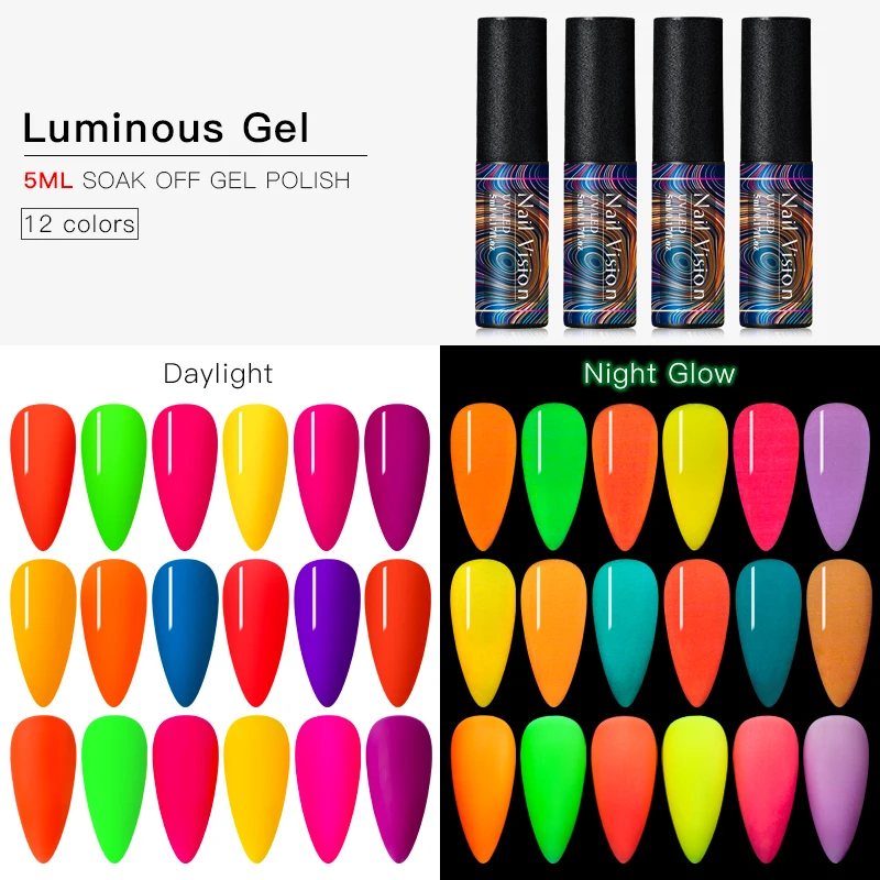 Luminous Nail Gel Glow In Dark Fluorescent Neon Semi Permanent Gel Varnish Lighting In Night Soak Off Varnish UV Long Lasting