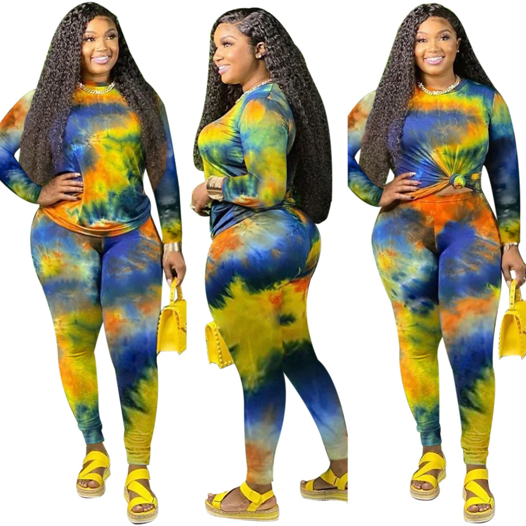 

Slim-Fit Printed round Neck Two-Piece Trousers Long-Sleeved Nightclub Uniforms European and American women clothes plus size
