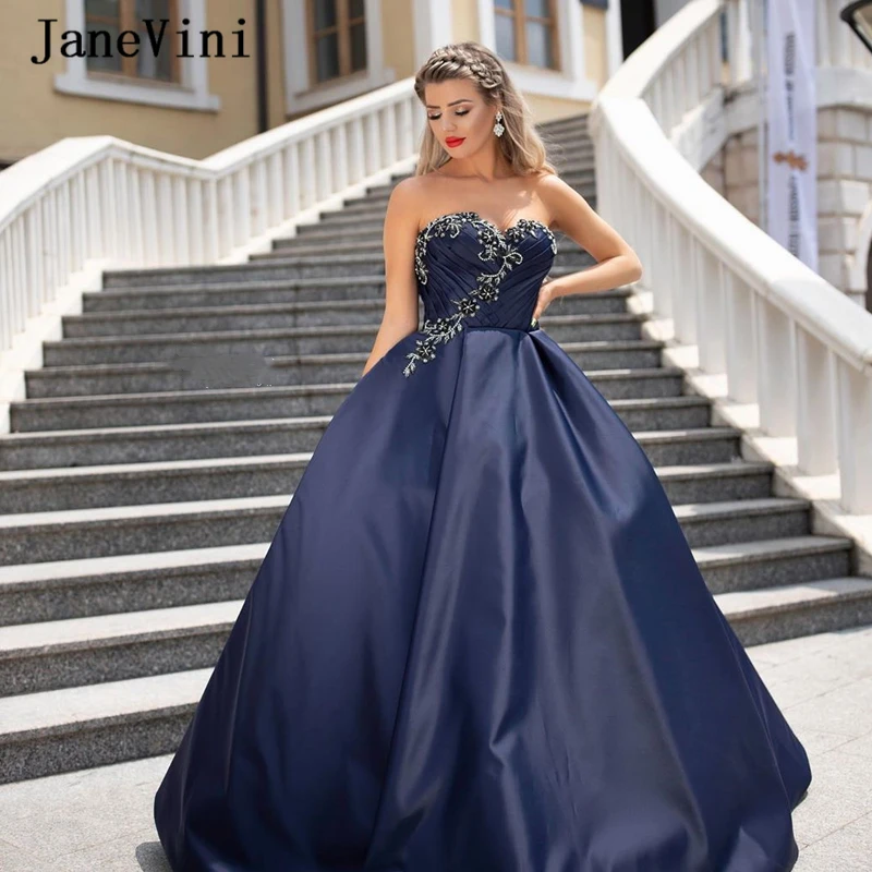 JaneVini Charming Navy Blue Long Prom Dresses 2020 A Line Sweetheart Crystal Beaded Satin Floor Length Pageant Formal Prom Gowns