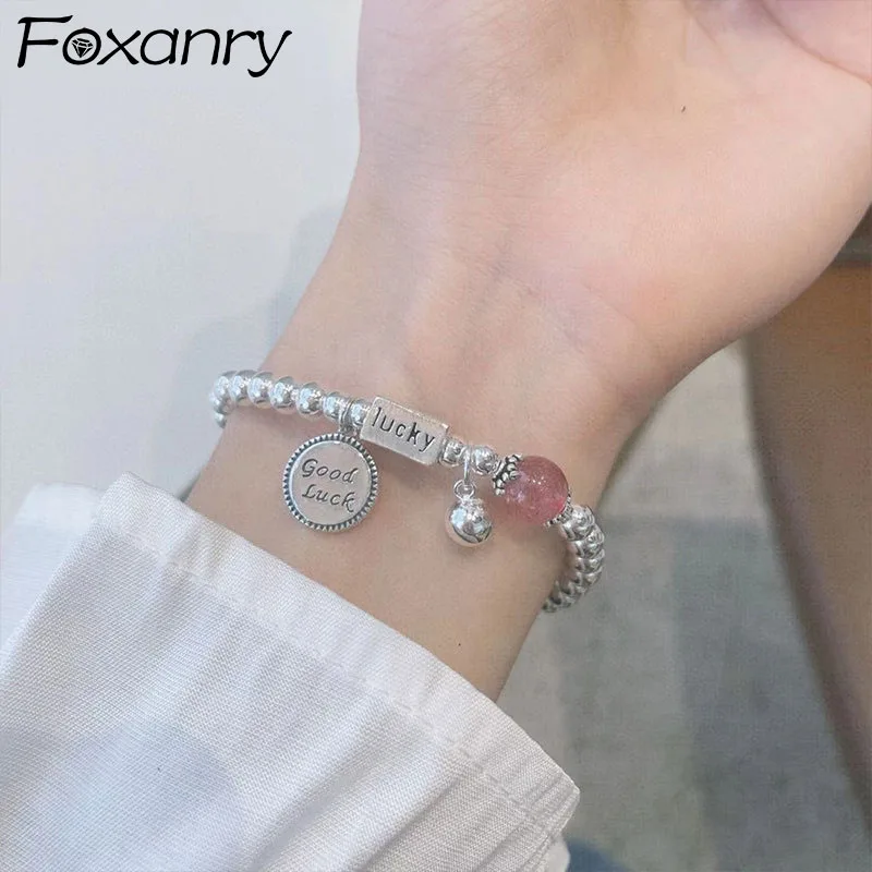 FOXANRY Silver Color Pink String of Beads Bracelets for Women INS Fashion Good Luck Pendant Party Jewelry Birthday Gifts