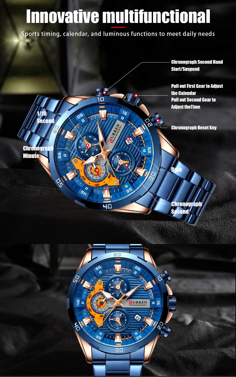 CURREN Männer Uhr Top Marke Luxus Sport Quarz Herren Uhren Voller Stahl Wasserdicht Chronograph Armbanduhr Männer Relogio Masculino – Detail 7