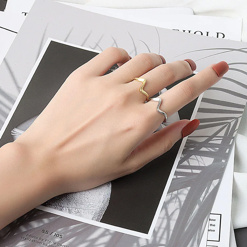 QMCOCOSliver Color New Trend Simple Bending Water Geometry Pattern Wave Arc Adjustable  Rings For Women Party  Jewelry Gifts image 4
