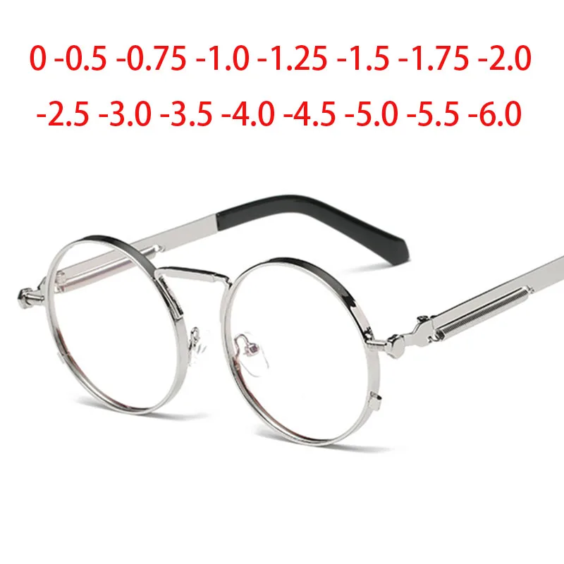 Retro Punk Spring Leg Round Glasses Men Metal Myopia Lens Prescription Women 0 -0.5 -0.75 To -6.0