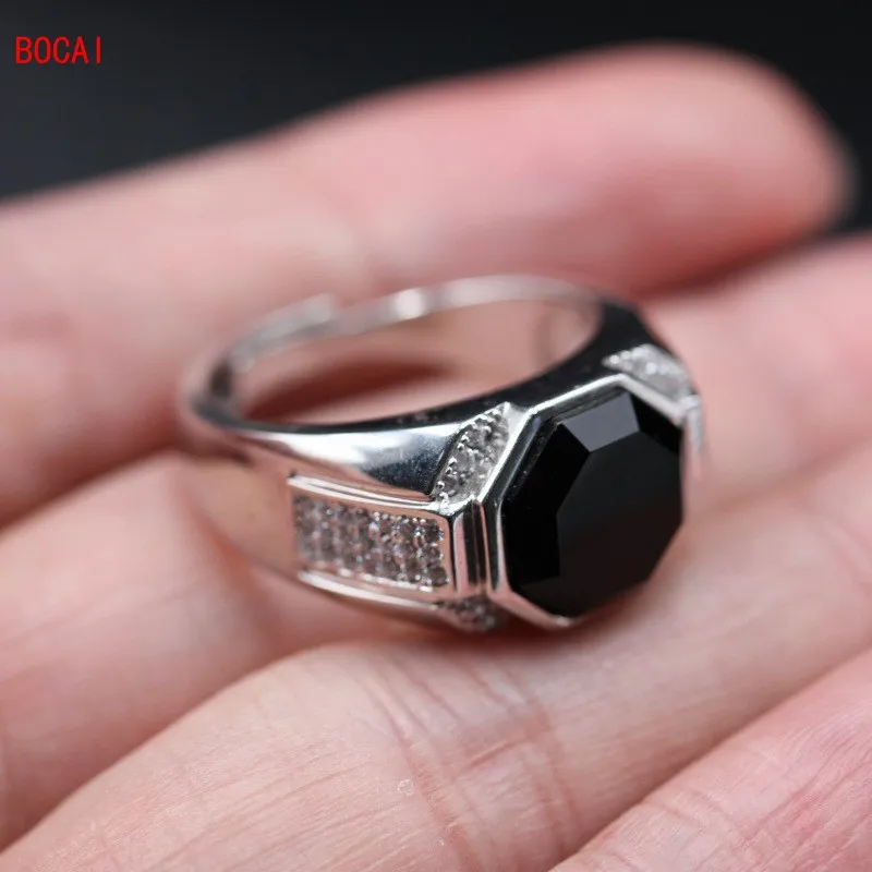 

Real 925 sterling silver black agate inlaid silver ring, zircon micro inlaid men's ring