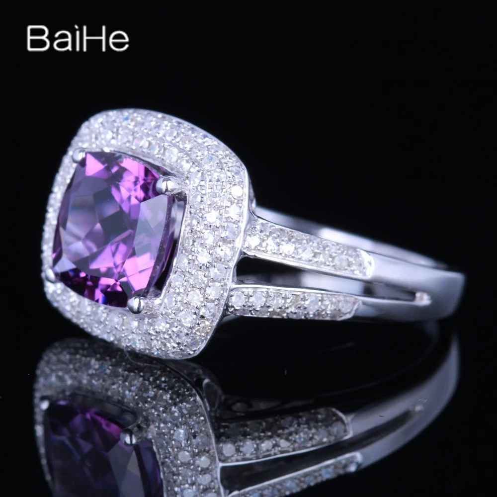 BAIHE Solid 14K White Gold Natural Amethyst Luxury rings for women Wedding Party Prom Trendy Fine Jewelry anillos mujer bague