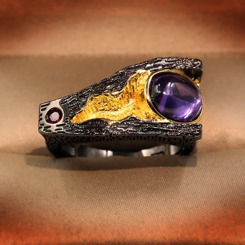 Women's Vintage Chinese Style Lotus Leaf Amethyst Ring