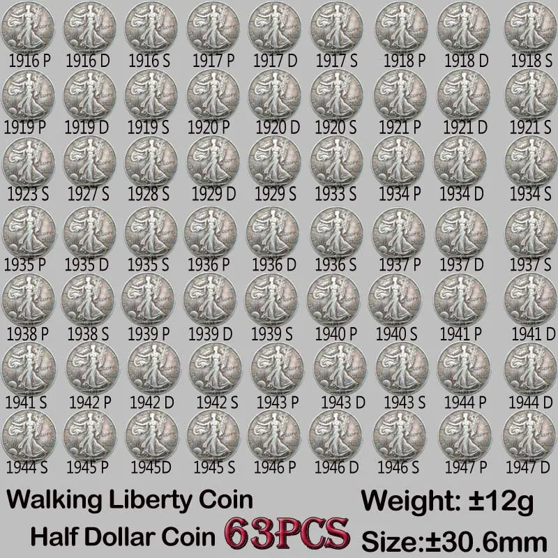 63pcs USA Coins Replica Full Set Walking Liberty Half Dollar Coins 1916-1947 Collection Coins