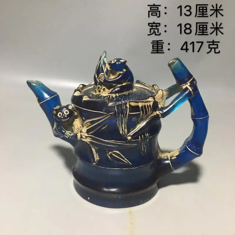 

China Blue Amber Bamboo panda statue teapot crafts bead kettle tea water pot home desktop decoration