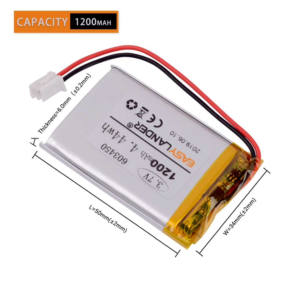 JST2.54 2P 603450   Batería recargable de polímero de iones de litio de 3,7 V y 1200 mAh 603550 063450