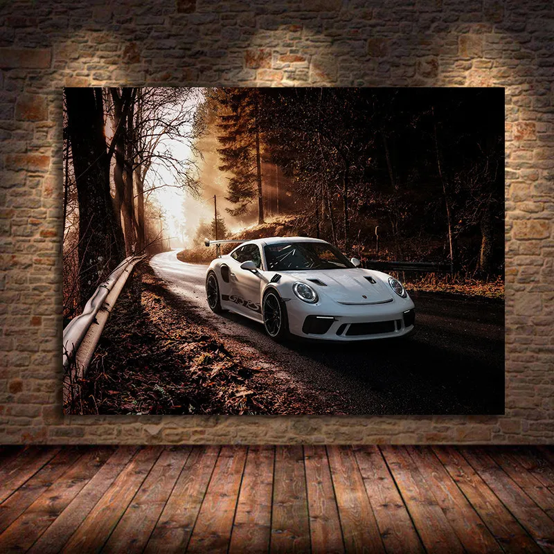 

Modern Supercars 911 GT3 RS Wall Art Canvas Paintings White Car Forest Picture Print Vehicle Decoration For Living Room Unframed