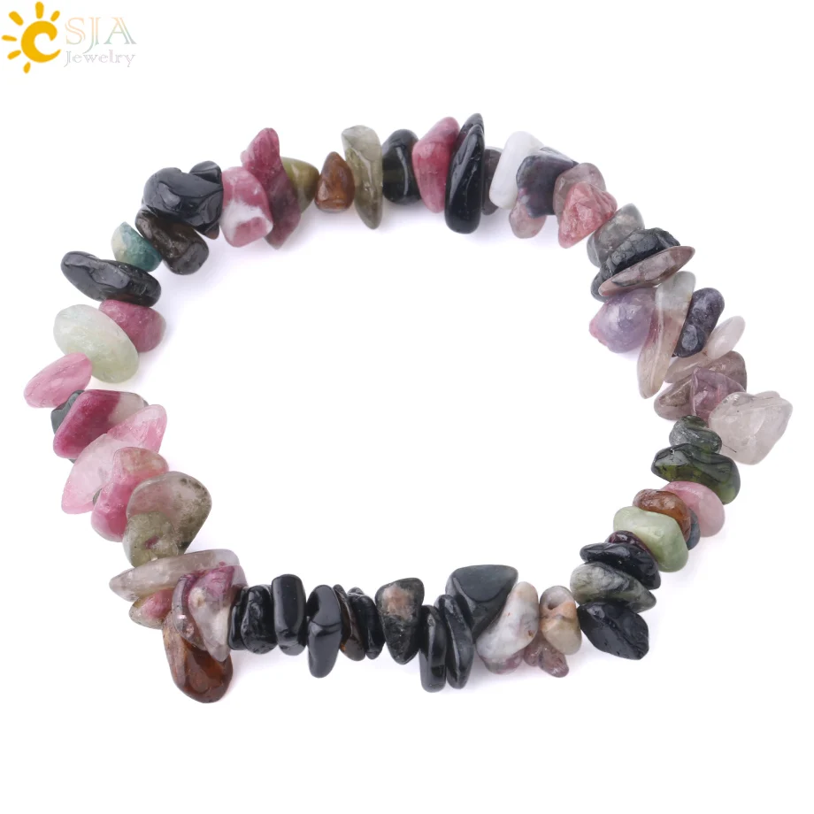 CSJA Black Pink Tourmaline Bracelet Colorful Natural Gem Stone Chip Beads Crystal Bracelets Lucky Energy Protection Jewelry F154