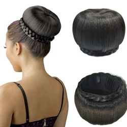 Synthetic Fake Hair Bun And Bang Heat Resistant Braided Chignon HairPiece Donut Ponytail Wig For Women Clip in Hair Extension