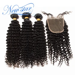New Star-extensiones de pelo virgen rizado brasileño, extensiones de 3 mechones con cierre de encaje 4x4, 100% cabello humano tejido y cierre, oferta