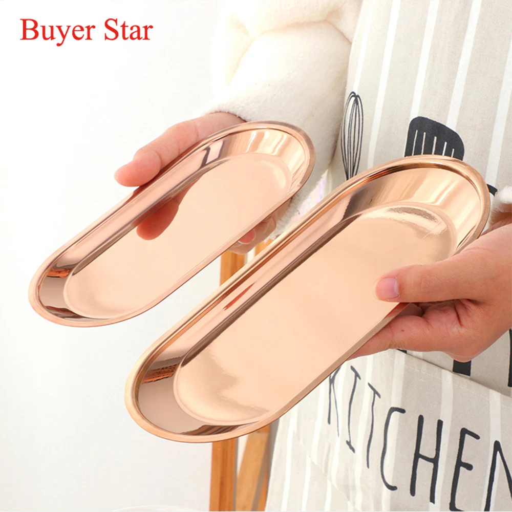 1PC Stainless Steel Gold Oval Storage Tray Candle Plate Cosmetics Jewelry Display Fruit Tray Cake Tea Storage Dish Decor Holder