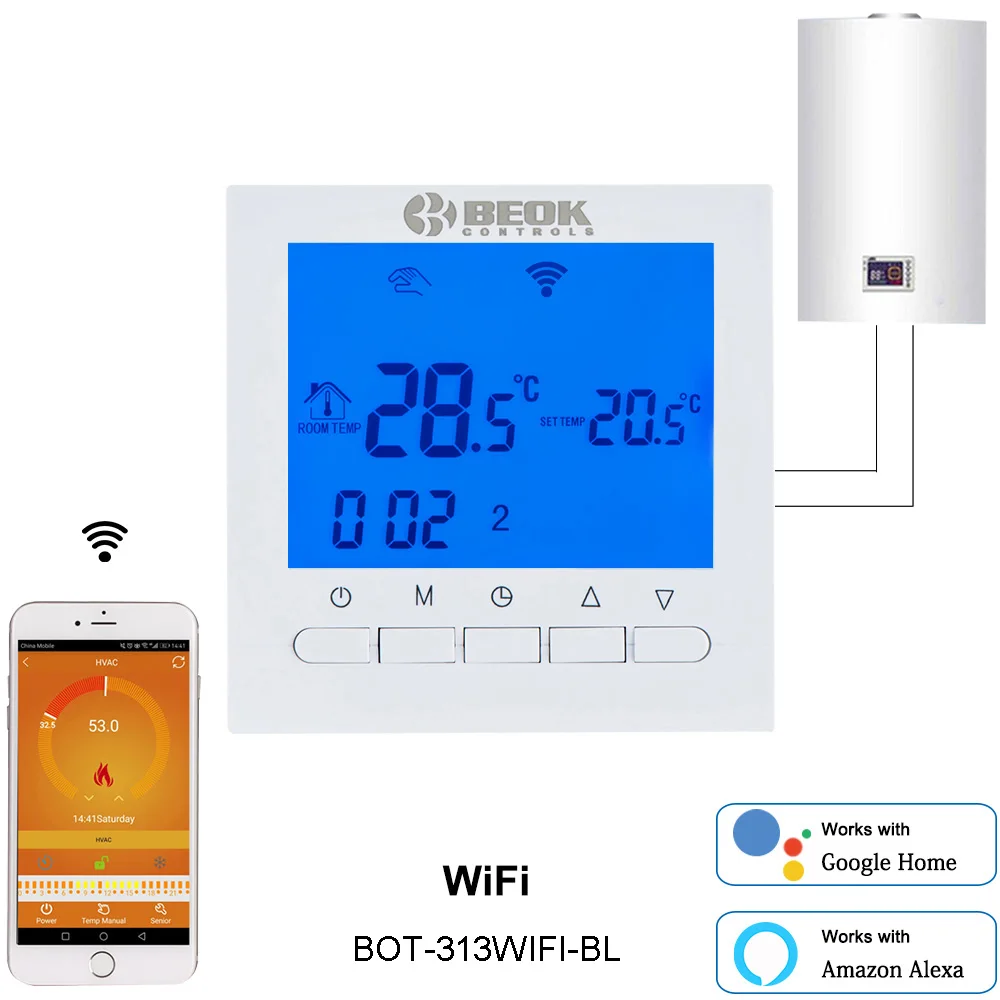 Beok Wireless or Wifi Smart Thermostat Regulator Gas Boiler Heating Weekly Programmable Temperature Controller Works with Alexa