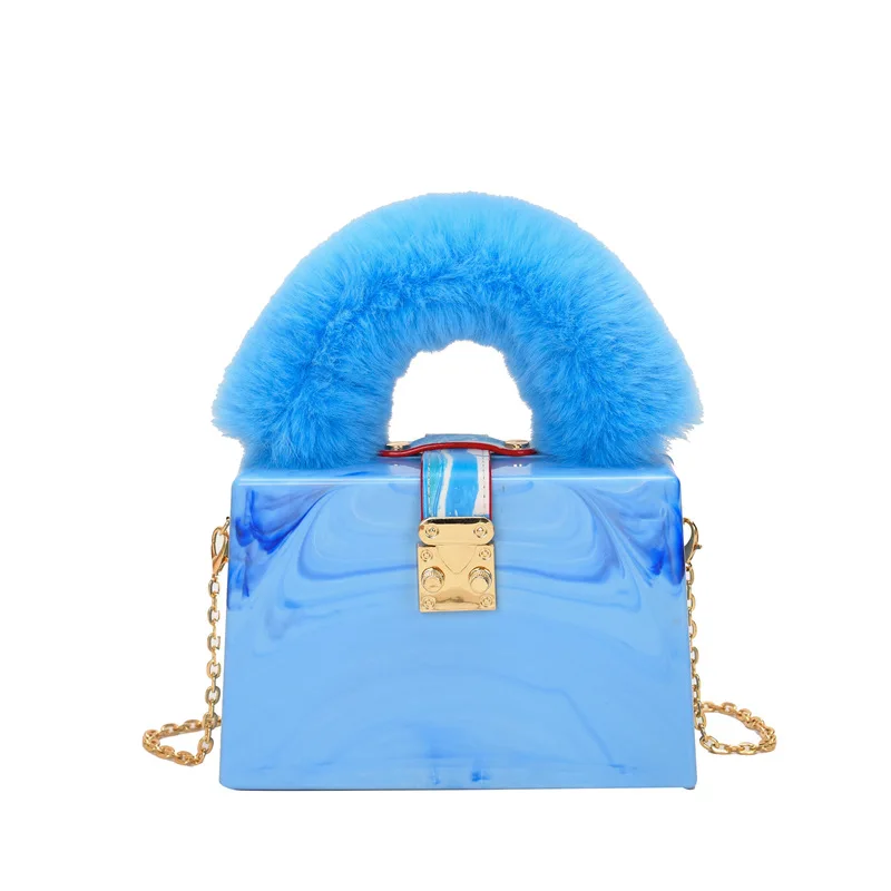 Faux Fur Top Handle Acrylic Party Box Clutch Fashion Purses and Handbags for Women Designer Evening Bag Chain Shoulder Bag