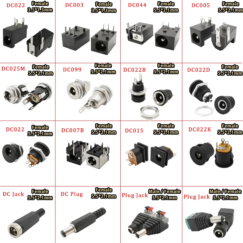 

10Pcs DC Connector 5.5x2.1mm DC Power Female Jack Charge Socket Nut Panel Mount DC Plug Adapter DC-005 DC022 DC022B DC025M DC099