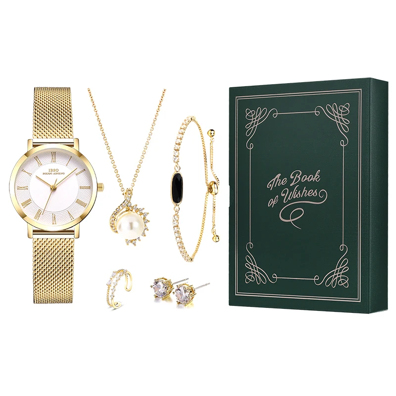 IBSO Gold Watch Set Gift For Women Stainless Steel Strap Japanese Movement Natural Pearl Necklace Zircon Earrings And Bracelet