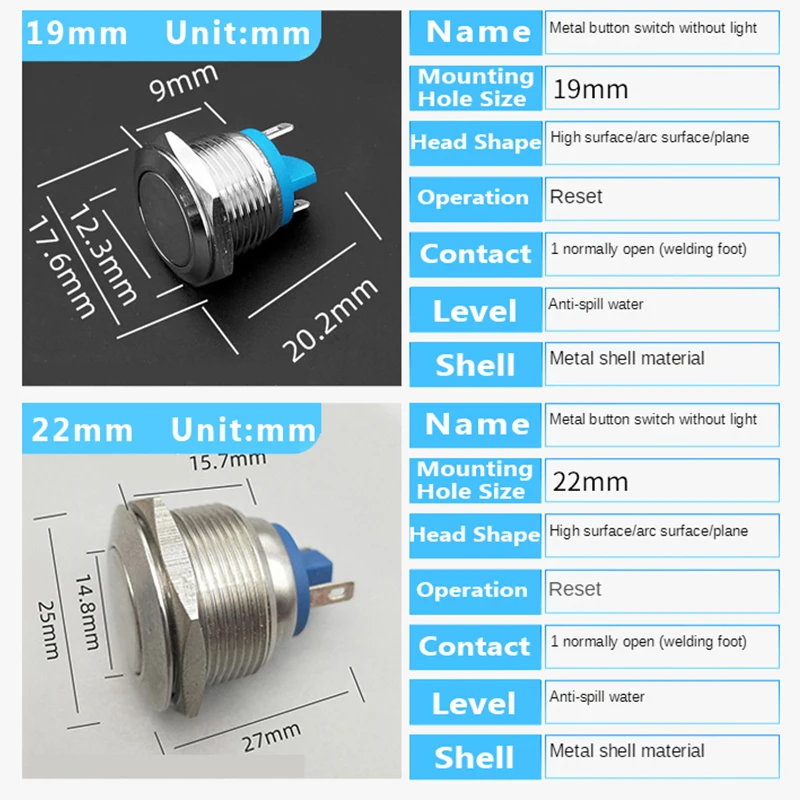 16/19/22mm Waterproof IP65 Metal Push Button 1NO Self-locking Fix Reset Momentary High Flat Screw Welding Pin Car Engine Power