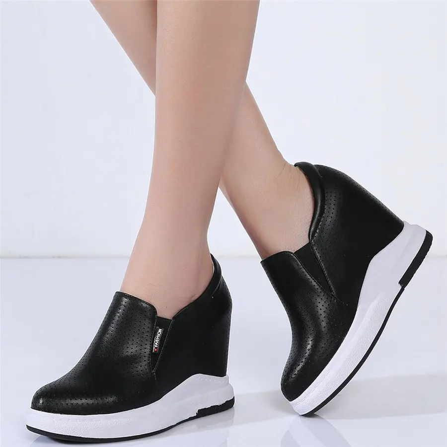 

Breathable Trainers Women Cow Leather Wedges High Heel Pumps Shoes Female Round Toe Fashion Sneakers Summer Platform Pumps Shoes
