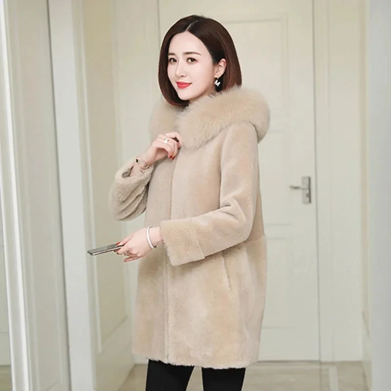 Women Faux Fur lamb Plush Coat 2023 Thicken Autumn Winter Sheep Shearing Overcoat Women Coat Jacket Femme Hooded Warm Jacket C