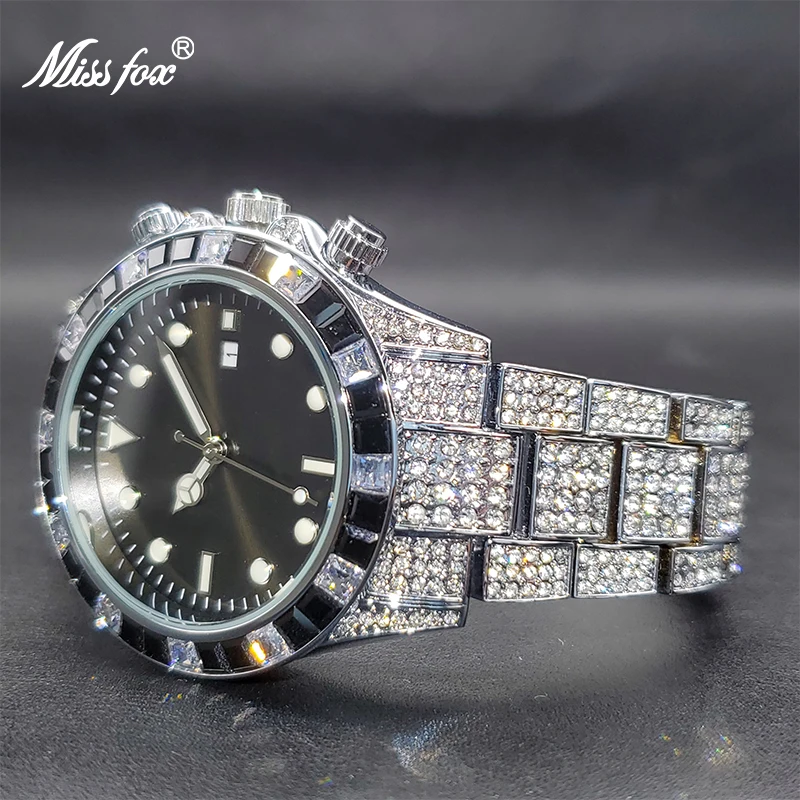 Relógio masculino missfox marca de moda luxo design clássico preto diamante gelado para fora relógios para masculino calendário automático relógio