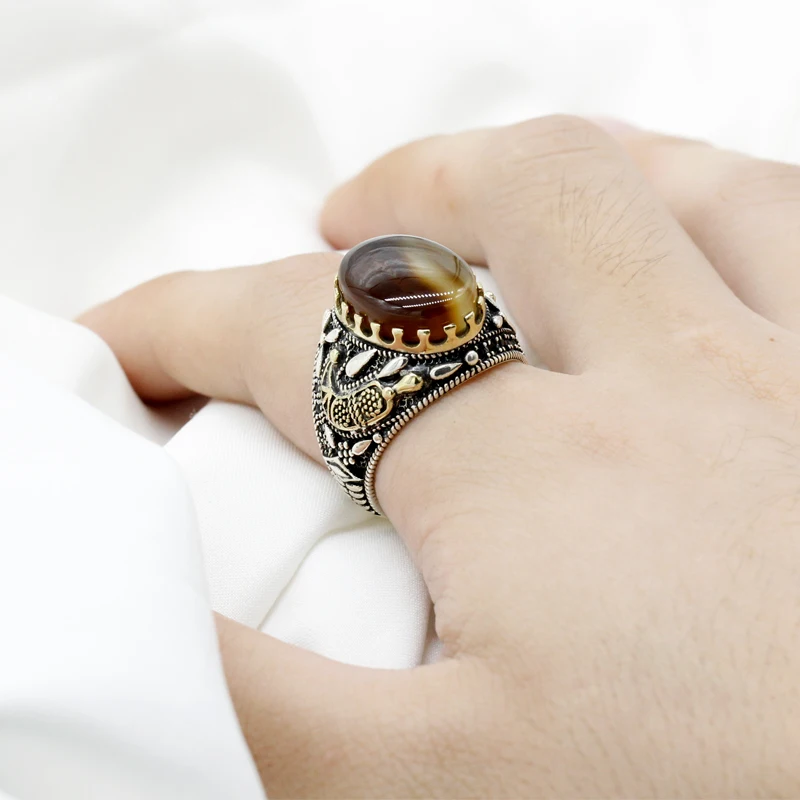 Türkiye Handmade Ring s925 Sterling Silver Vintage Fashion Natural Brown Ocean Agate Religious Muslim Islamic Men\'s Jewelry Gift