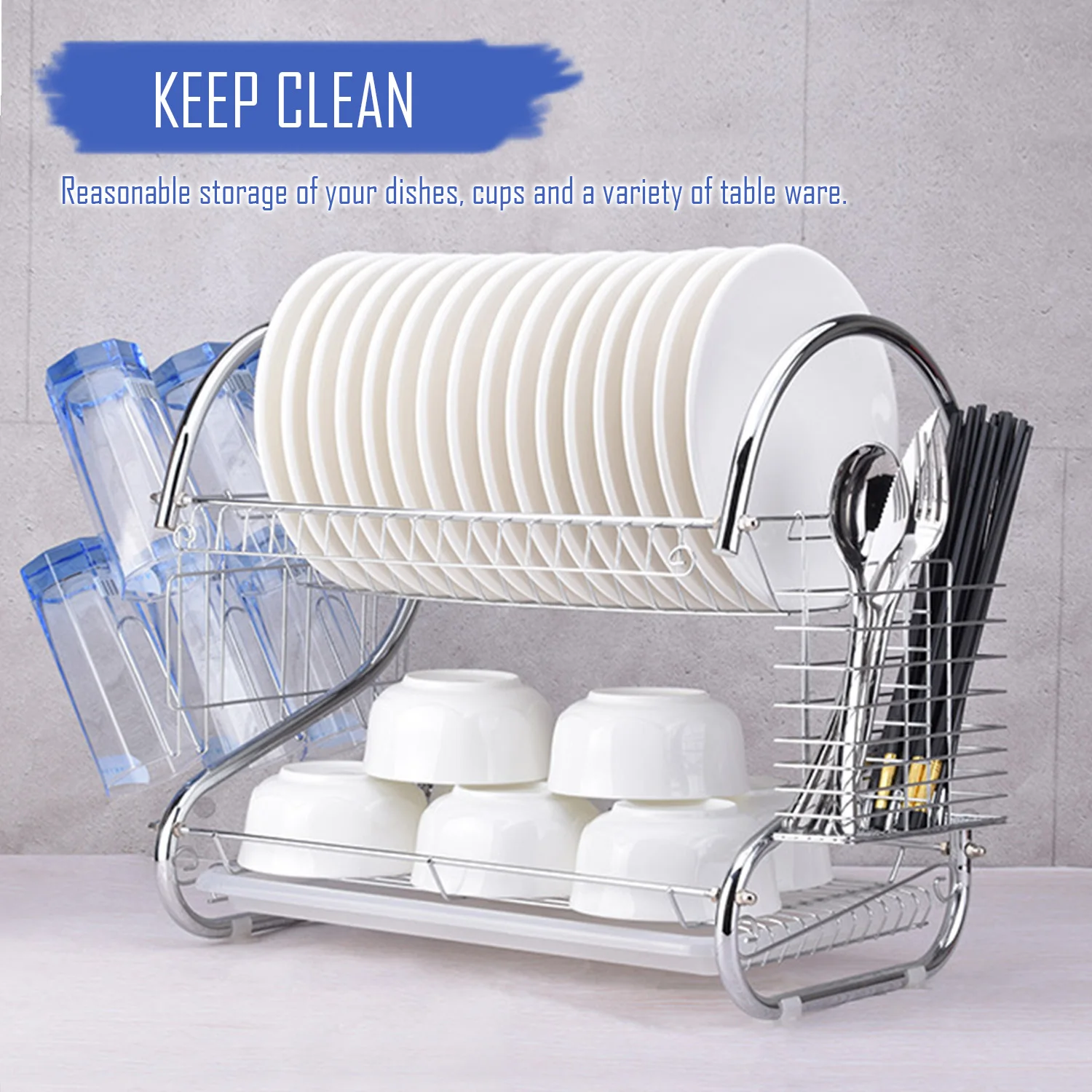 Behogar Dish Drying Rack 2 Tier Stainless Steel Dish Rack with Utensil Holder Cup Holder Dish Drainer for Kitchen Counter Top