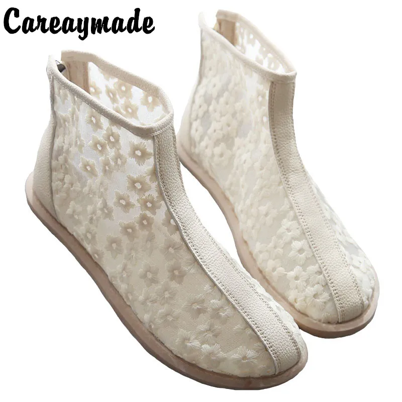 Careaymade-Summer breathable flower gauze cool boots women's flat bottom thin short boots fairy lace sandals thin Casual boots