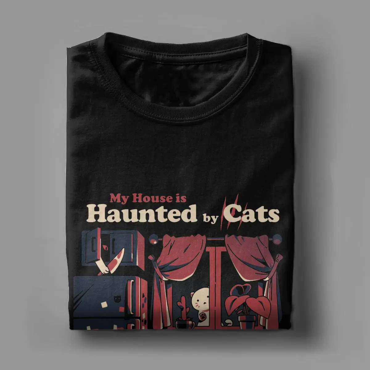 Haunted By Cats Men Women\'s T Shirts Haunted Mansion T-Shirt Horror Halloween Spooky Scary Kitty Tee Shirt Original Clothing