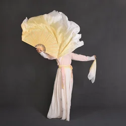 Real Silk Veil 1 Pai Yangko Dancing Fan Bamboo Ribs Two Layers Half Moon Extra Long Flowy Dancer Performance Props Beige Gold