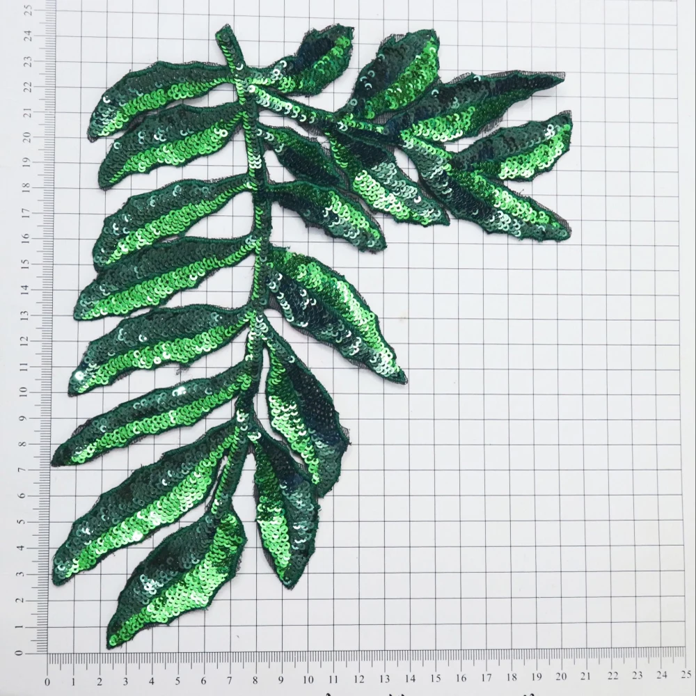 Large Size Sew On Sequins Fern Leaves Patches Beaded Plant Leaf Applique Patches For Clothing Appliques Parches Bordados Ropa