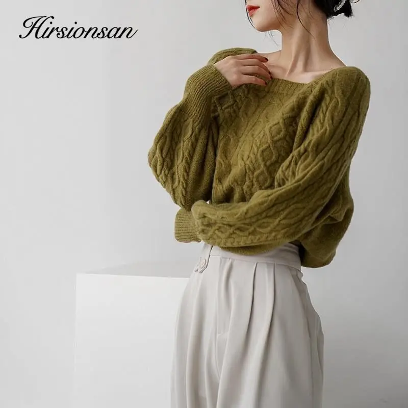 Hirsionsan Square Neck Short Sweater Women Elegant Chic Casual Knitted Pullovers Autumn Korean Soft Sexy Knitwear Female Jumper