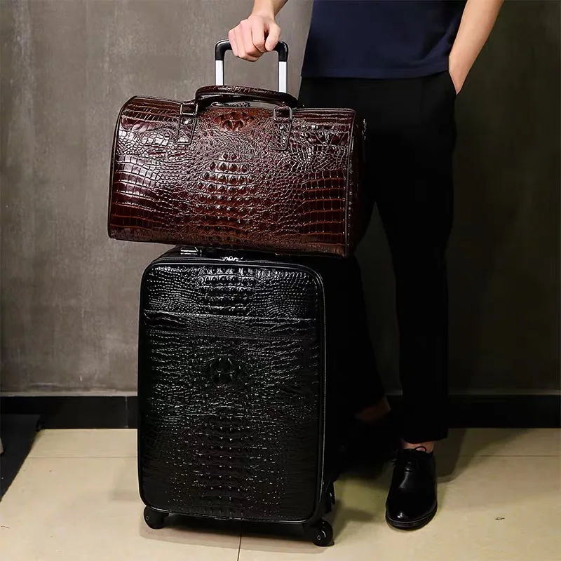 Bagage de voyage en cuir véritable avec sac à main pour homme, étui d\'embarquement, cuir de tête cirhide, roue universelle, motif crocodile, valise