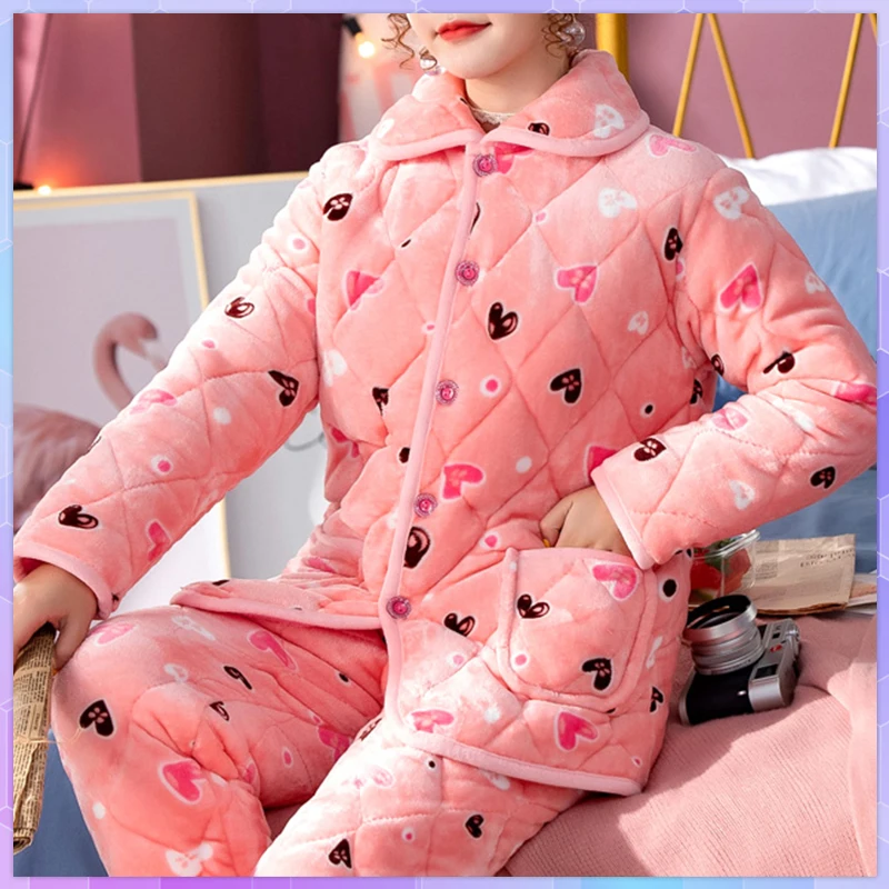 Winter Flannel Warm Women Pajama Female Set Plus Velvet Pajamas Cute Sleepwear Thick Home Clothes Suit Ladies Pyjama Plus Size