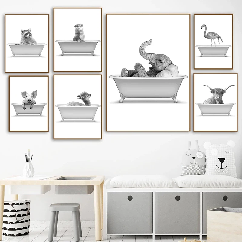 Nordic Modern Poster Elephant Raccoon Deer Flamingo Dog Otter Wall Art Canvas Painting Prints Picture Children's Room Home Decor