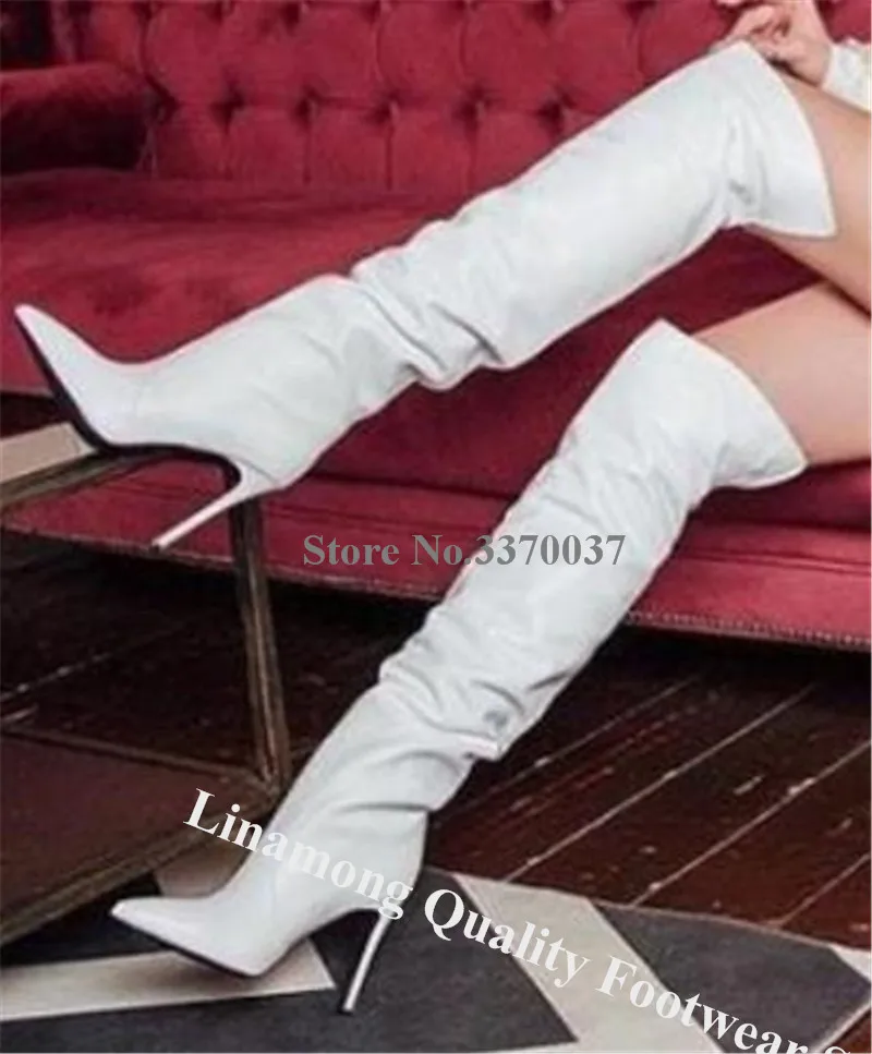 Linamong Women Elegant Pointed Toe Over Knee Stiletto Heel Boots White Leather Slip-on Long High Heel Boots Club Dress Shoes