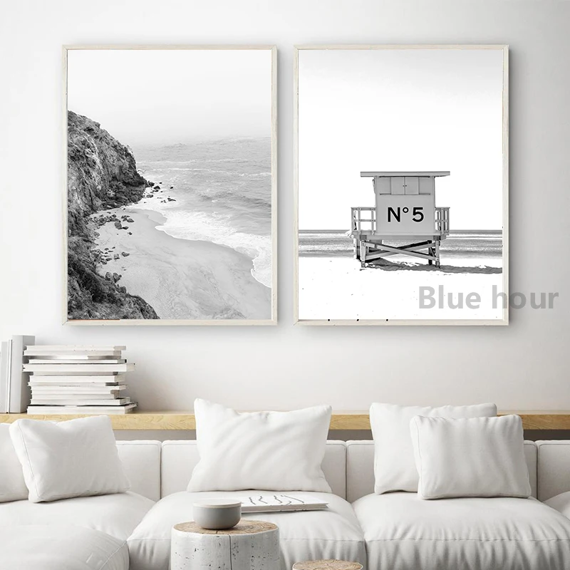 Black and White Palm Tree Beach Landscape Photography Poster Canvas Painting Surf Coastal Wall Art Prints Living Room Home Decor