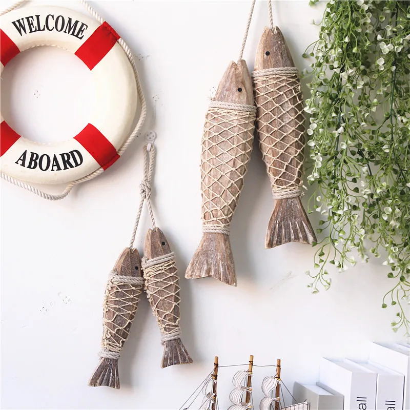 New 2pcs/set Retro Mediterranean Style Hand Carved Wooden Fish Ornaments For Home Hanging Decor Gift small big size