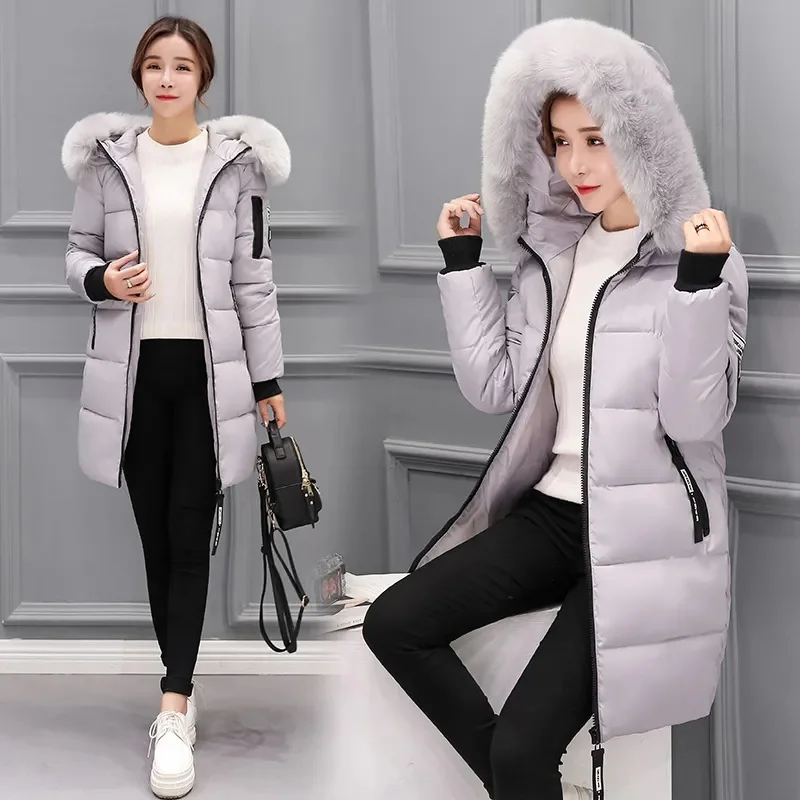 

Nice Pop Winter Overcoat Parka Women Down Cotton Jackets Female Mid-long Printing Big Fur Collar Ladies Cotton Padded Jacket